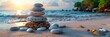 Bathed in sunlight, a stable stack of stones rests on the tranquil beach, symbolizing harmony and relaxation.