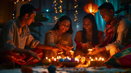 The joyful image portrays a joyous celebration, where two brides and their Habibi come together in unity as they share dinner surrounded by golden candle light