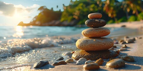 Wall Mural - On the palm-lined beach, a serene stack of pebbles embodies balance and harmony.