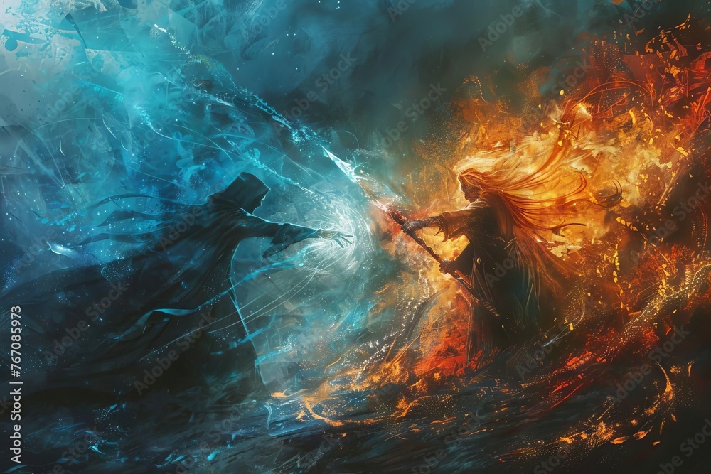 Epic Wizard Battle Powerful Mages Engaged in a Fierce Magical Duel ...