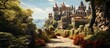 Fairy tale castle in fantasy world. Fairy tale castle on the hill. View of a beautiful castle in the middle of a green forest.
