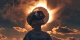 Fototapeta  - photograph showing a person viewing an eclipse with awe and excitement. The person is wearing protective glasses designed for eclipse viewing. The background features a darkened sky