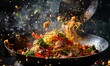Stir fry meat, vegetables, noodles cooking in wok, flying ingredients. Chinese recipes. Wok preparation ingredients