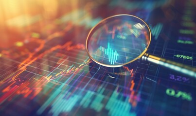 magnifying glass over financial data with graphs and charts, stock market concept, business background