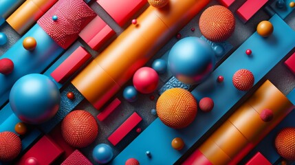 A vibrant array of 3D shapes and objects artistically arranged on a creative abstract background, horizontal layout 