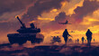 Soldiers are activating there are tanks, aircrafts and a part moving by run and hold gun with silhoutte design