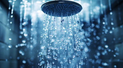 Wall Mural - Shower head and falling water drops.