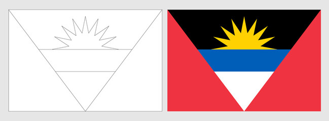 Wall Mural - Antigua and Barbuda flag - coloring page. Set of white wireframe thin black outline flag and original colored flag.