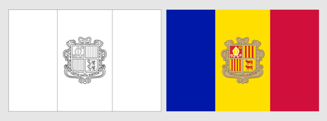 Wall Mural - Andorra flag - coloring page. Set of white wireframe thin black outline flag and original colored flag.