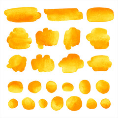 Poster - Yellow orange watercolor graphic vector design elements set. Aquarelle brush strokes, smudges, smears, oval rounded watercolour shape, doodle circles, paint spots, round stains. Backgrounds collection