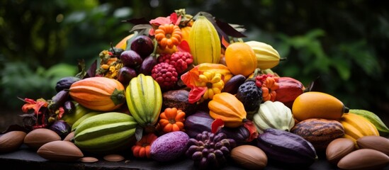 Canvas Print - There is a variety of natural foods from terrestrial plants such as fruits and vegetables on the table, showcasing the beauty of flowering plants and the art of floristry