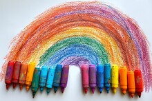 On A White Background, Kids Draw A Rainbow With Markers