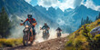 motorcycle racers on sports enduro motorcycles in off-road race riding on road in mountain in summer