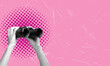 © beast01 - Art collage, hands holding binoculars on pink background with copy space.