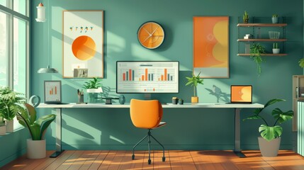 A modern office with a green wall and orange accents