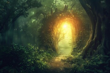 Wall Mural - Mystical portal in enchanted forest, fantasy landscape with magical light, digital painting