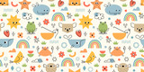 Fototapeta Dinusie - Vector seamless pattern of animals in cute playful geometric style. Baby kids pastel pattern design.