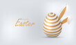 Happy Easter card vector with egg in gold lines pattern and bunny ears. Holiday banner background.