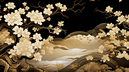 Sticker - Horizontal Luxury Image of Elegant Gold Pattern on Black Background in Japanese Style