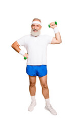 Poster - Full length of cheerful emotional cool grandpa with humor grimace exercising holding equipment, lifts it with strength and power. Body care, hobby, weight loss, lifestyle, game process