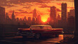 car in beach contain palms in the sunset illustration Side view of a car in a big city at sunset Painting of a classic car on a street with a sunset in the background