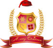 Das Wappen vom Weihnachtsmann, die häufigsten Farben sind Rot und Gold, Weihnachtliche Grüße, der Schriftzug Merry Christmas auf einer Banderole