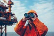 worker with binoculars scanning horizon, oil platform subtly out of focus