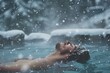 solo traveler relaxing in a natural hot pool during snowfall