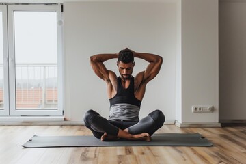 Poster - man sitting on yoga mat doing triceps extensions