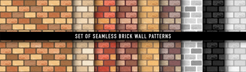 Realistic Vector brick wall seamless patterns set. Flat red, orange, yellow, black, white, grey wall texture. Simple grunge textured brick background for print, paper, design, decor, photo background.