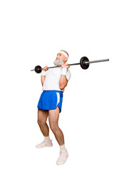 Poster - Full length of confident cool grandpa with serious grimace exercising holding equipment, lifts it up, wears sexy shorts, sneakers. Body care, hobby, weight loss, deadlift, powerlifting, pressure