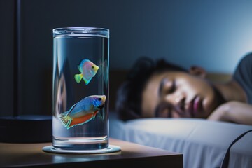 Sticker - tropical fish in water glass, on nightstand by sleeping person