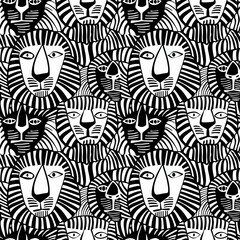 Wall Mural - Black and white seamless pattern with abstract lions faces.