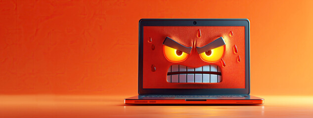 cartoon character funny angry laptop on red isolated background with copy space