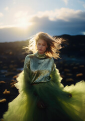 Wall Mural - young woman in a shiny sweater with feathers and a long skirt against the background of the tundra, morning light, Icelandic landscape, nature, mountains, hills, portrait, fashion, model, dress, girl