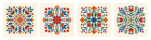 Vector Set Of Traditional Mexican Folk Ornaments With Symmetrical Pattern Of Colorful Flowers And Leaves On Light Background. Floral Motifs. Flat Designs For Textile Printing, Decor, Packaging, Cards