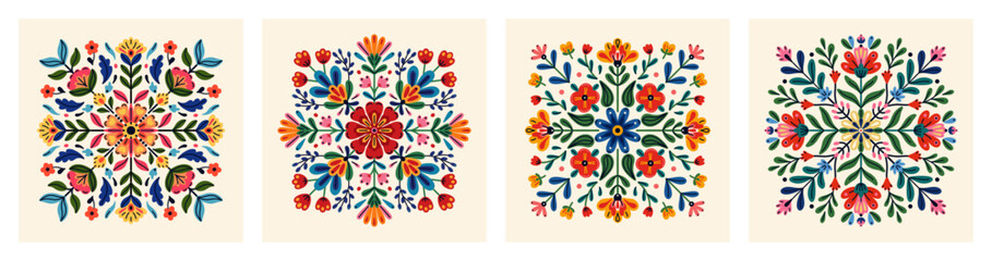 Vector set of traditional Mexican folk ornaments with symmetrical pattern of colorful flowers and leaves on light background. Floral motifs. Flat designs for textile printing, decor, packaging, cards