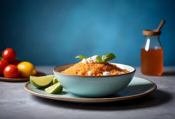 Wall Mural - a bowl of tasty chicken enmoladas with ingredients arround it