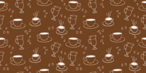 Fototapete - Brown coffee pattern from different cups. Vector seamless pattern on the theme of coffee shop.