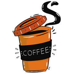 Fototapete - Stylish and bright plastic coffee cup. Beautiful coffee cup with steaming coffee and an inscription.