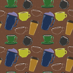 Fototapete - Retro pattern of cups. Coffee shop, retro pattern. Cups for hot drinks, wallpaper and pattern.