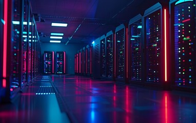 Poster - An advanced data facility features neatly organized server racks in a dimly lit environment, accentuated by vibrant LED lighting, highlighting the intricacies of information storage.