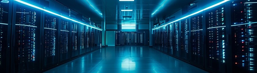 Poster - An advanced data facility features neatly organized server racks in a dimly lit environment, accentuated by vibrant LED lighting, highlighting the intricacies of information storage.