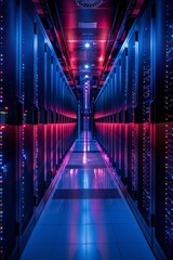 Poster - An advanced data facility features neatly organized server racks in a dimly lit environment, accentuated by vibrant LED lighting, highlighting the intricacies of information storage.