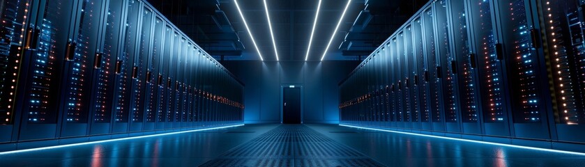 Poster - An advanced data facility features neatly organized server racks in a dimly lit environment, accentuated by vibrant LED lighting, highlighting the intricacies of information storage.