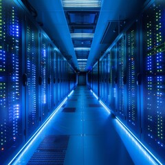 Poster - An advanced data facility features neatly organized server racks in a dimly lit environment, accentuated by vibrant LED lighting, highlighting the intricacies of information storage.