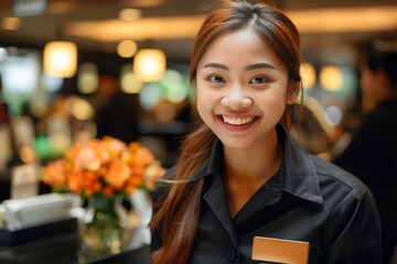 Wall Mural - A woman in a black shirt is smiling and holding a vase