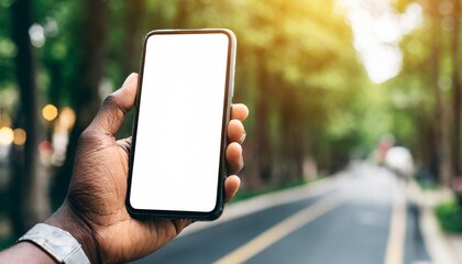 Mobile Phone for Mockup - Mobile Phone held by Hand in an Outdoors Environment - Template for Application Presentation
