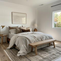 Wall Mural - A bedroom with wooden floors, white walls and an abstract rug. The bed is made of wood, there's two nightstands on each side of the room, a window in one wall showing trees outside.