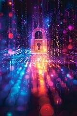 Poster - Visualizing cyber defense as a secure encryption system processing digital data transmissions, encapsulated by a range of bright and varied hues.